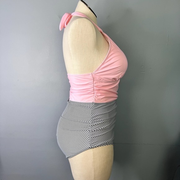 Pink Black and White Striped Ruched Plunge Halter Tie Swimsuit Women's Size L - Picture 4 of 12